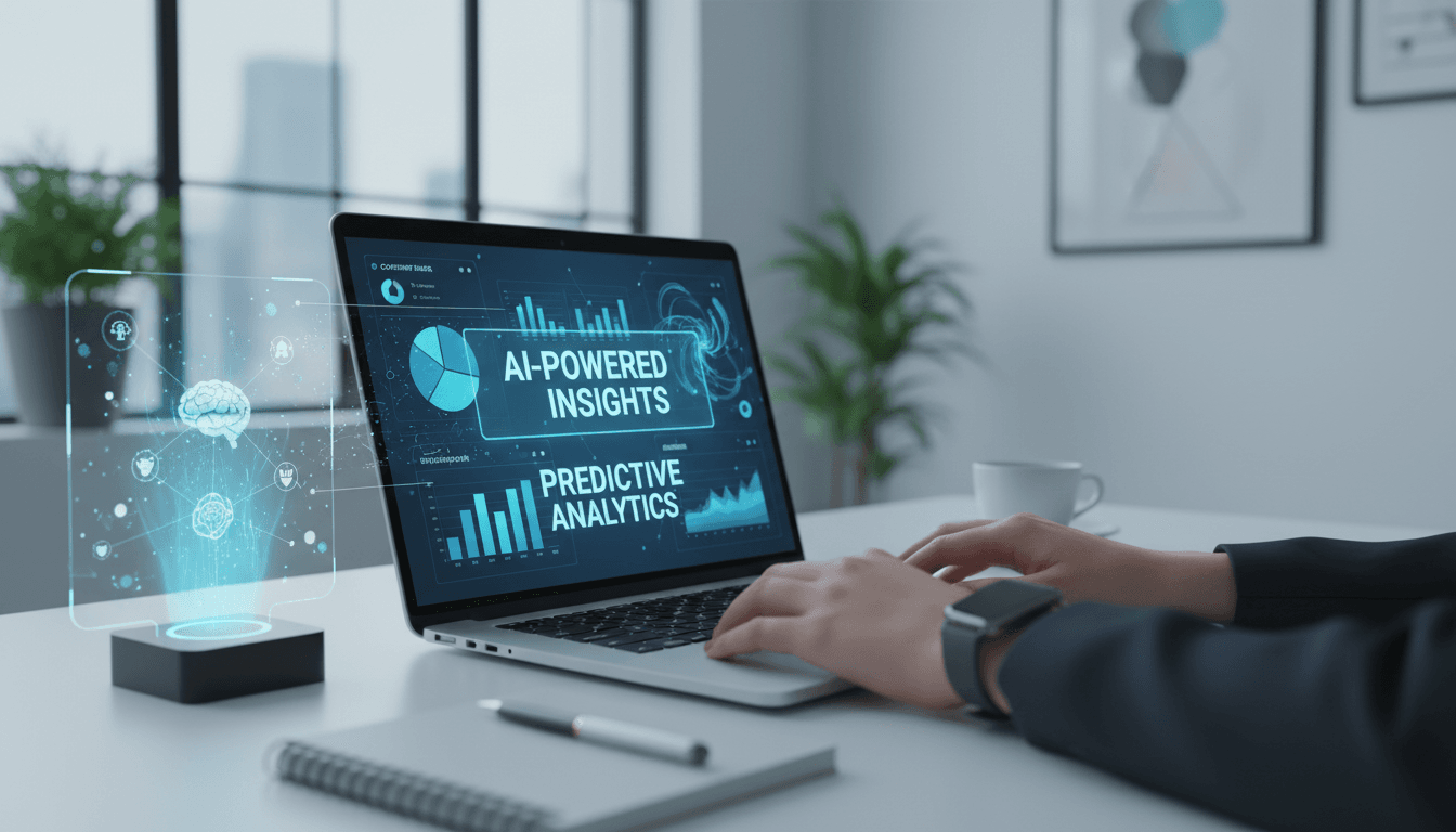 Eye-level view of a modern office desk with a laptop displaying customer data analytics